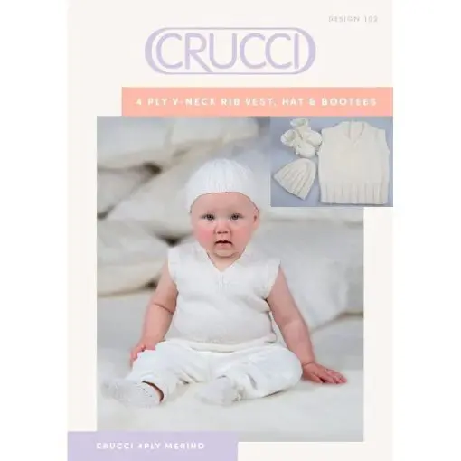 Crucci 102 4Ply V-Neck Rib Vest, Hat, and Bootees